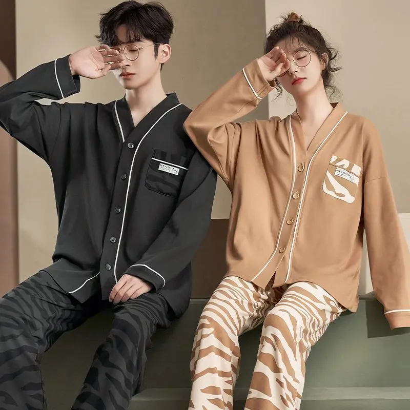 커플 잠옷 100% 면 2023, 여성 잠옷, 가을과 봄 v넥 버튼 가디건, 라운지웨어, 여성 및 남성 잠옷