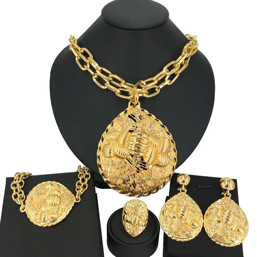 2022 Hot Selling Brazilian Dubai Italian Gold Plated Jewelry Women's Wedding Party Banquet Big Pendant Jewelry Sets FHK13725 4