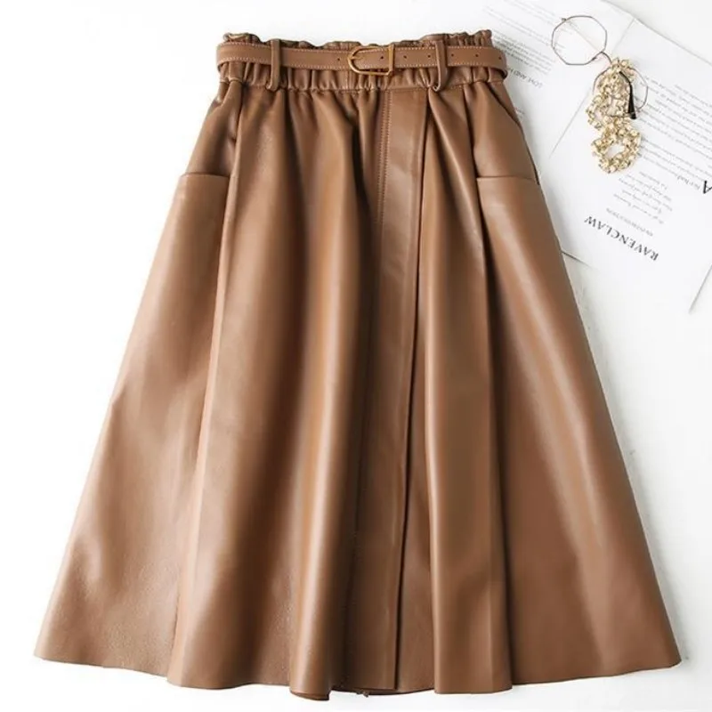 

A-line Genuine Leather Skirt Women 2023 Autumn Winter Sheepskin Leather Long Skirts for Women Black Skirt Pleated Skirt