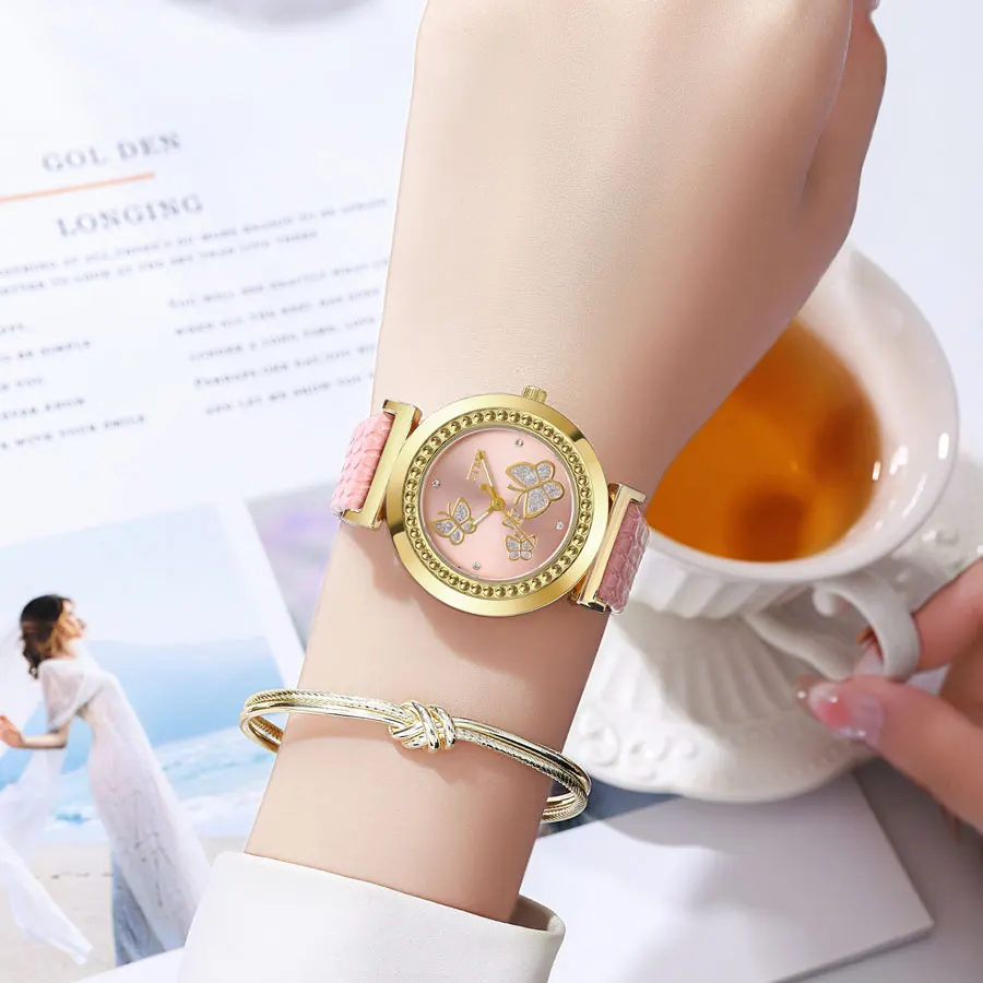 Fashionable Women's Gold Butterfly Diamond Quartz Watch Set