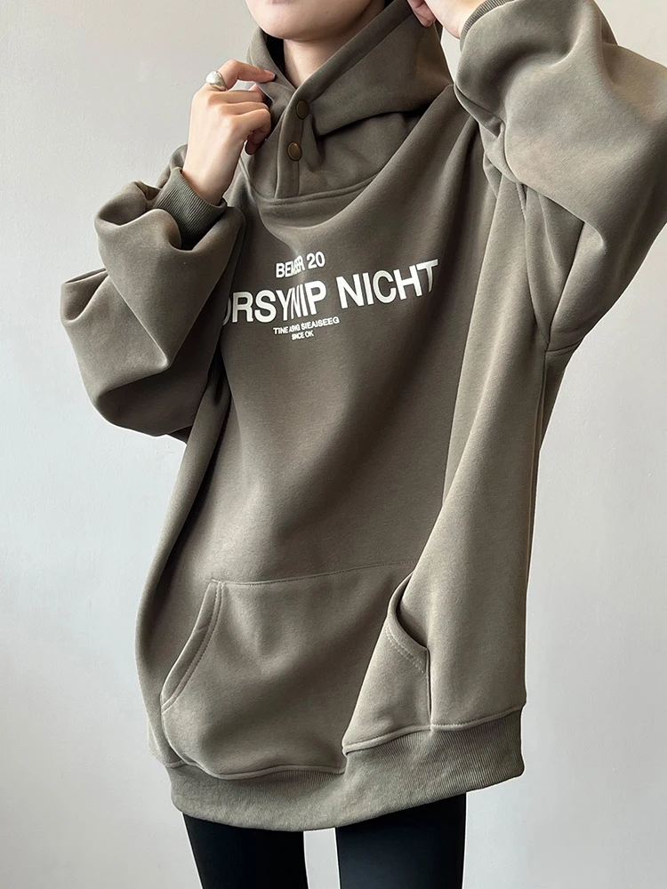 

QOERLIN Quality 900G Hoodies Thicken Winter Warm Velvet Sweatshirts Letter Long Sleeve Front Pocket Loose Casual Hooded Pullover