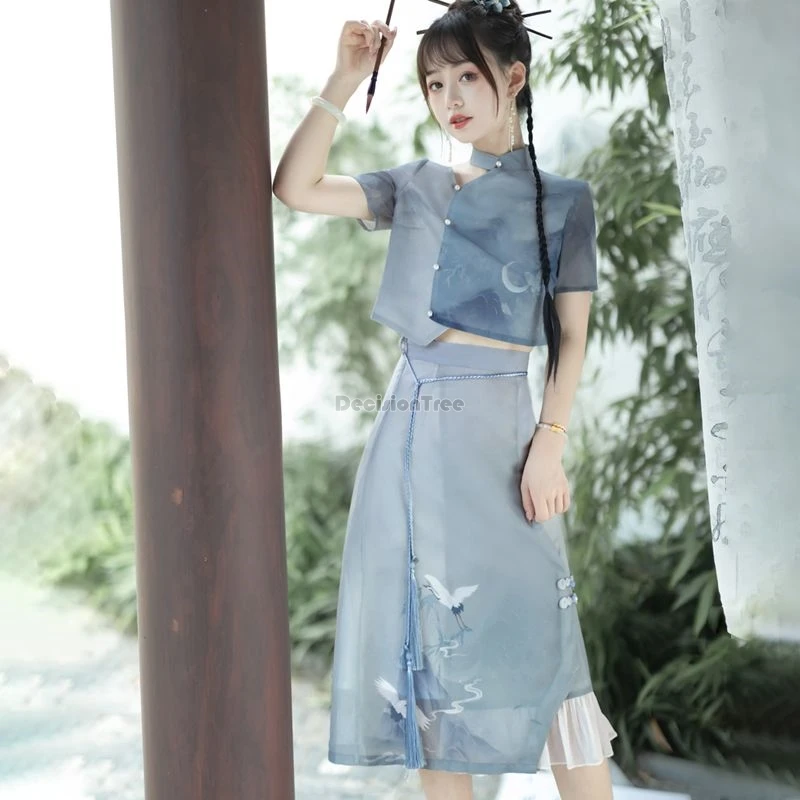 

2024 improved new chinese women hanfu daily retro irregular design short sleeve top yarn crane skirt daily hanfu set summer w528