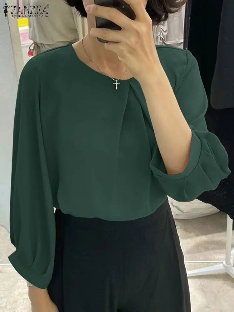 

ZANZEA Autumn Vintage OL Work Blouse Long Sleeve O-Neck Tunic Tops Woman Casual Solid Blusas Fashion Pleated Design Chemise 2023