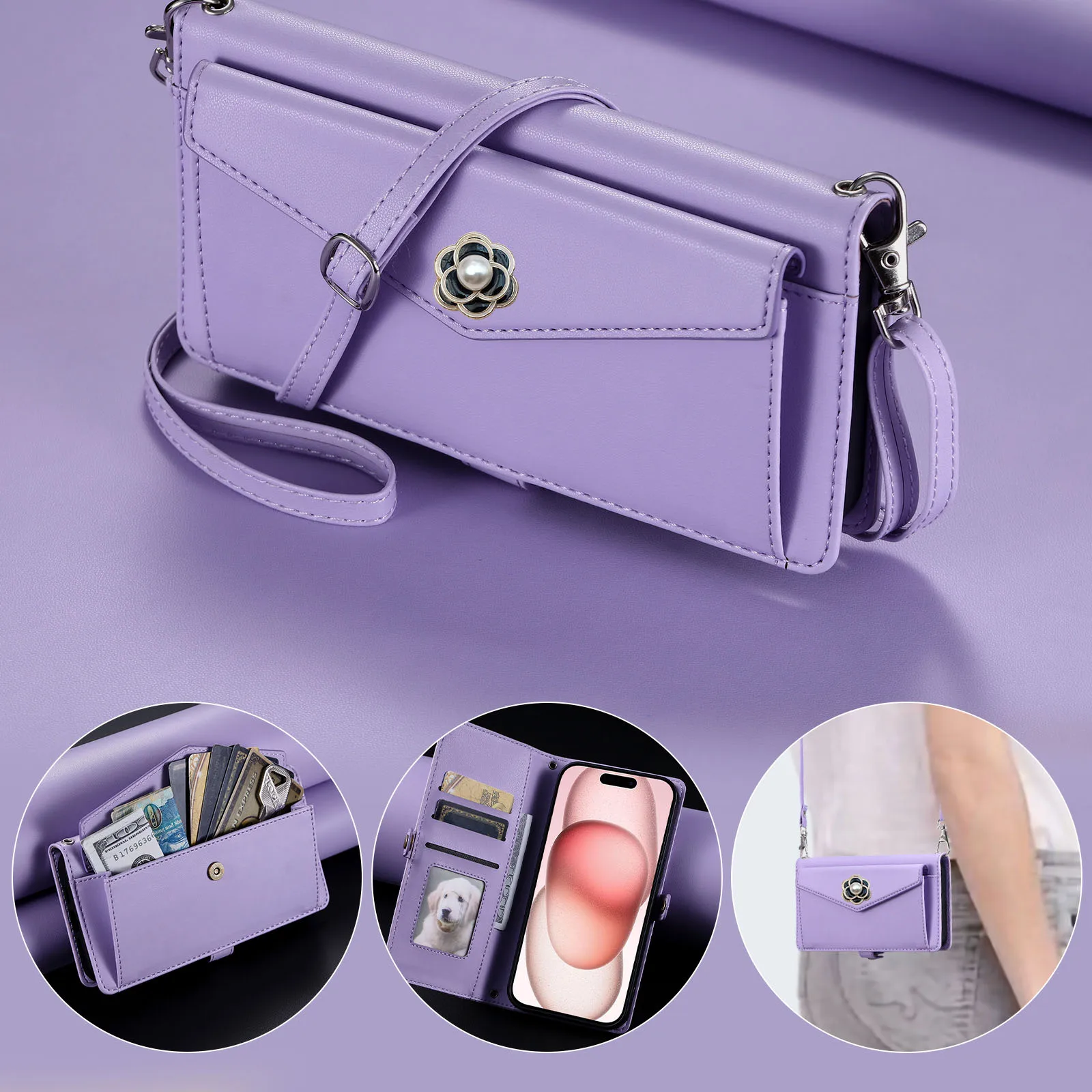 Camellia Crossbody Leather Wallet Case with Handy Strap and Card Slots