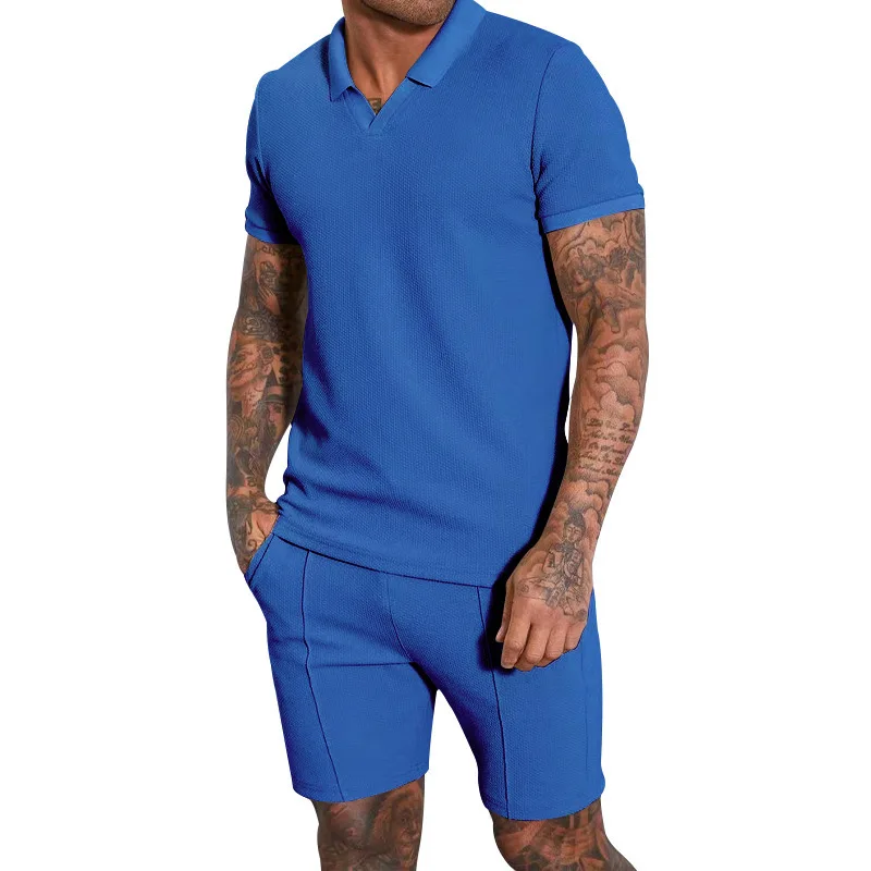Waffle V-neck Short Sleeve Shorts Set Polo Fashion Slim Fit Set Men's Summer New Clothing Men's Set 2023 New Mens Clothes