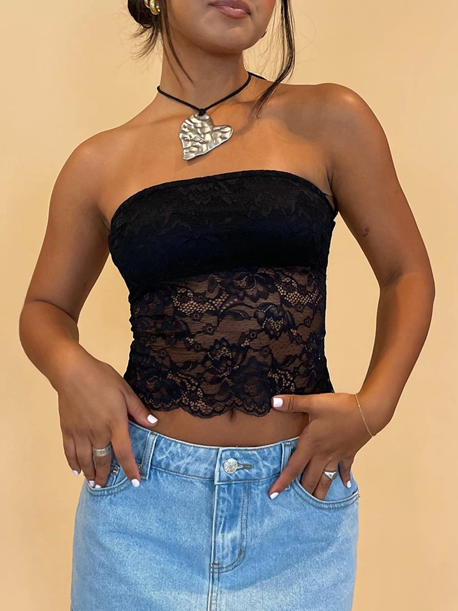 

Women Floral Lace Strapless Tube Top Y2k Tank Vest Crop Top Fitted Bandeau Cami Top Backless Shirt