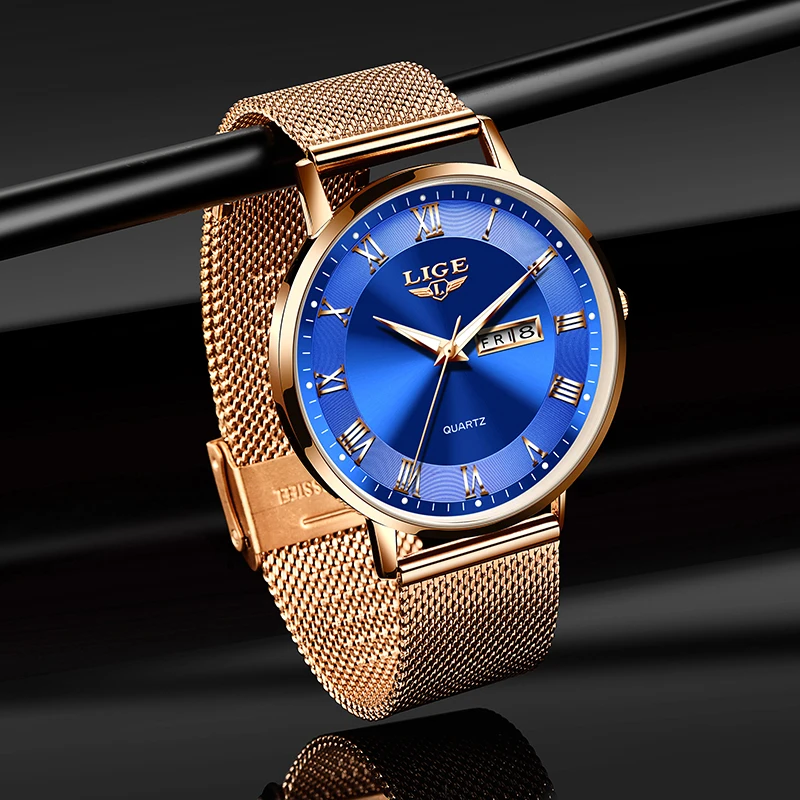 Elegant LIGE Women's Ultra-Thin Quartz Bracelet Watch with Date Display