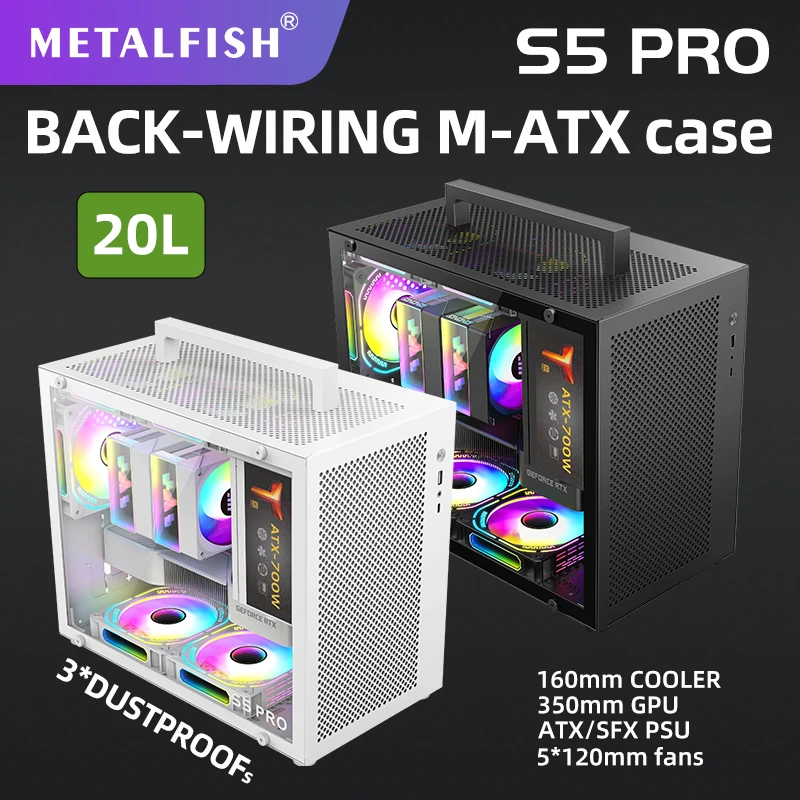 METALFISH S5 PRO 20L 컴퓨터 케이스 게임용 PC 섀시 지원 MATX/ITX SFX/ATX PSU 160mm 타워/180 수냉 쿨러