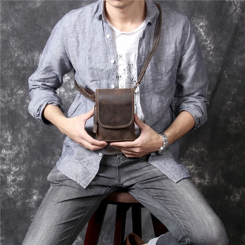 High quality simple crazy horse cowhide men's crossbody bag casual vintage genuine leather small phone shoulder bag belt bag