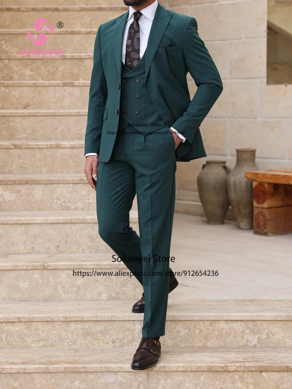 Fashion Teal Pinstripes Suits For Men Slim Fit 3 Piece Pants Set Prom Groom Wedding Peaked Lapel Tuxedo Terno Masculino Completo