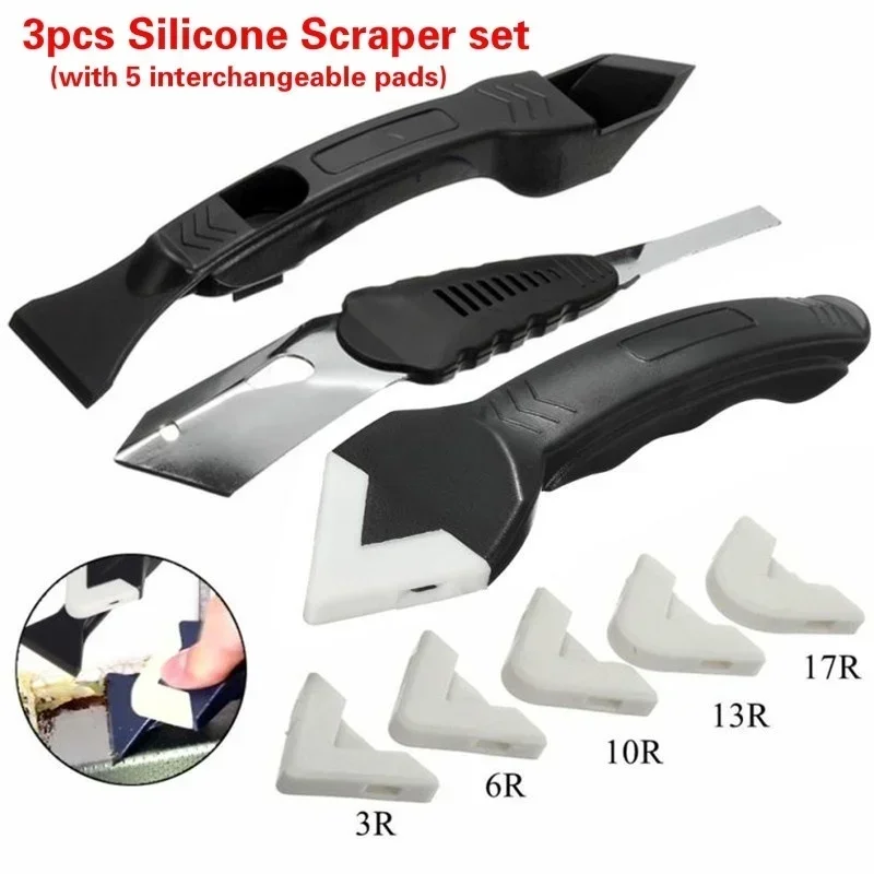 3 Piece Silicone Scraper Caulking Grout Tool Sealant Finishing Cleaning Set Kitchen Window Cleaning Scraper Set Remover