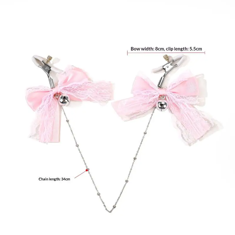 1Pairs Polyester Fabric Cute Girl Style Lace Butterfly Knot Bell Nipple Clamps Adult Toy With Chain Sexy Teasing Accessory_voghion.com