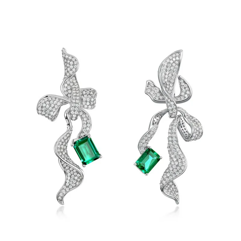 

Cross Border New Bow Long Earrings S925 Silver Cultivated Emerald Detachable