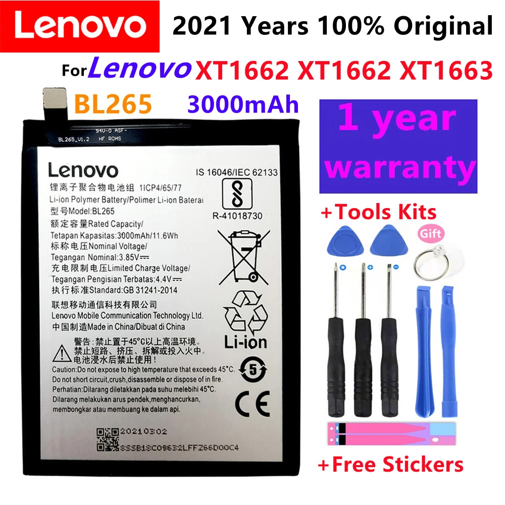 Original BL265 3000mAh Battery For Lenovo XT1662  Motorola MOTO M XT1662 XT1663 Mobile Phone +Gift Tools +Stickers 10000mah phone