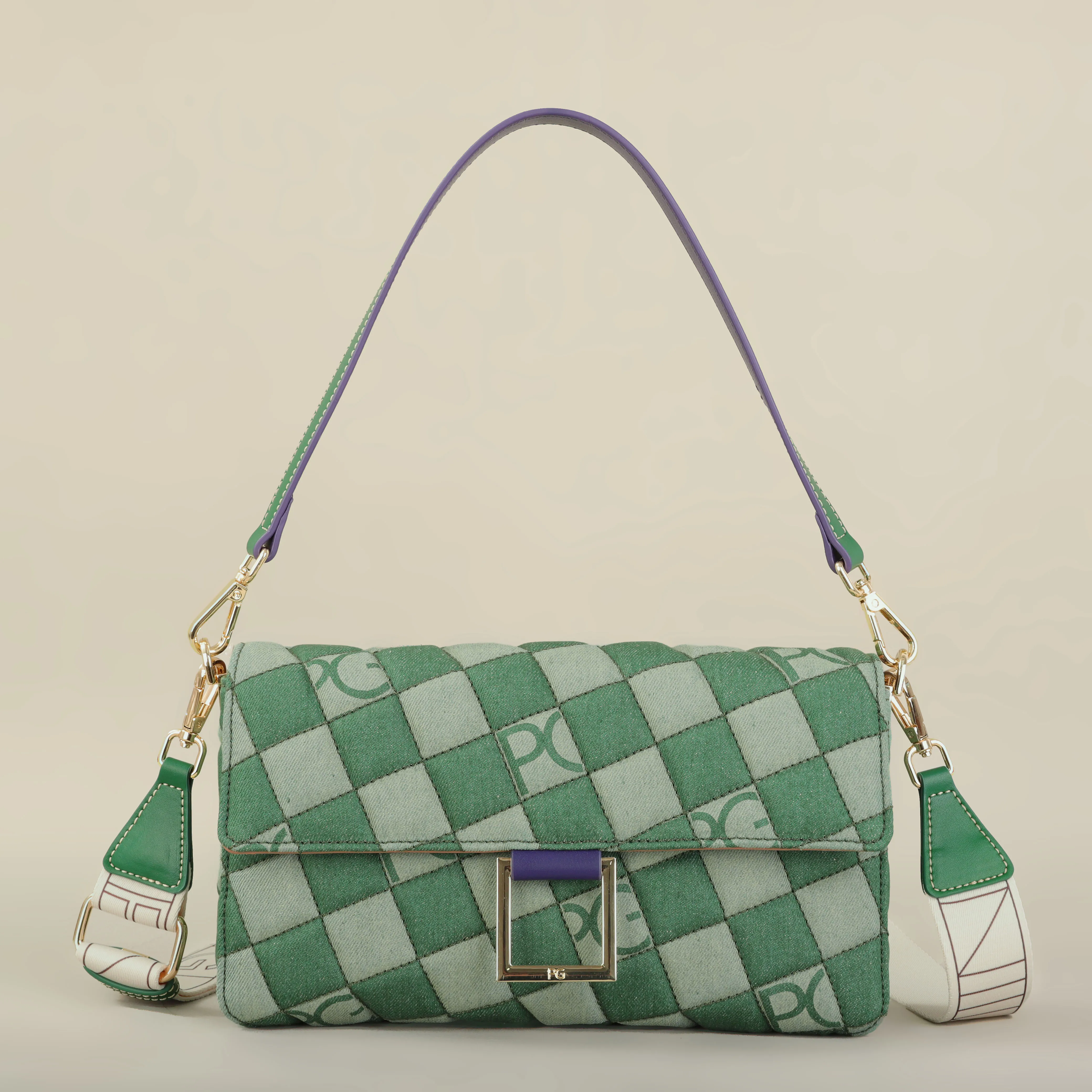 Crossbody bag with chain and button accents