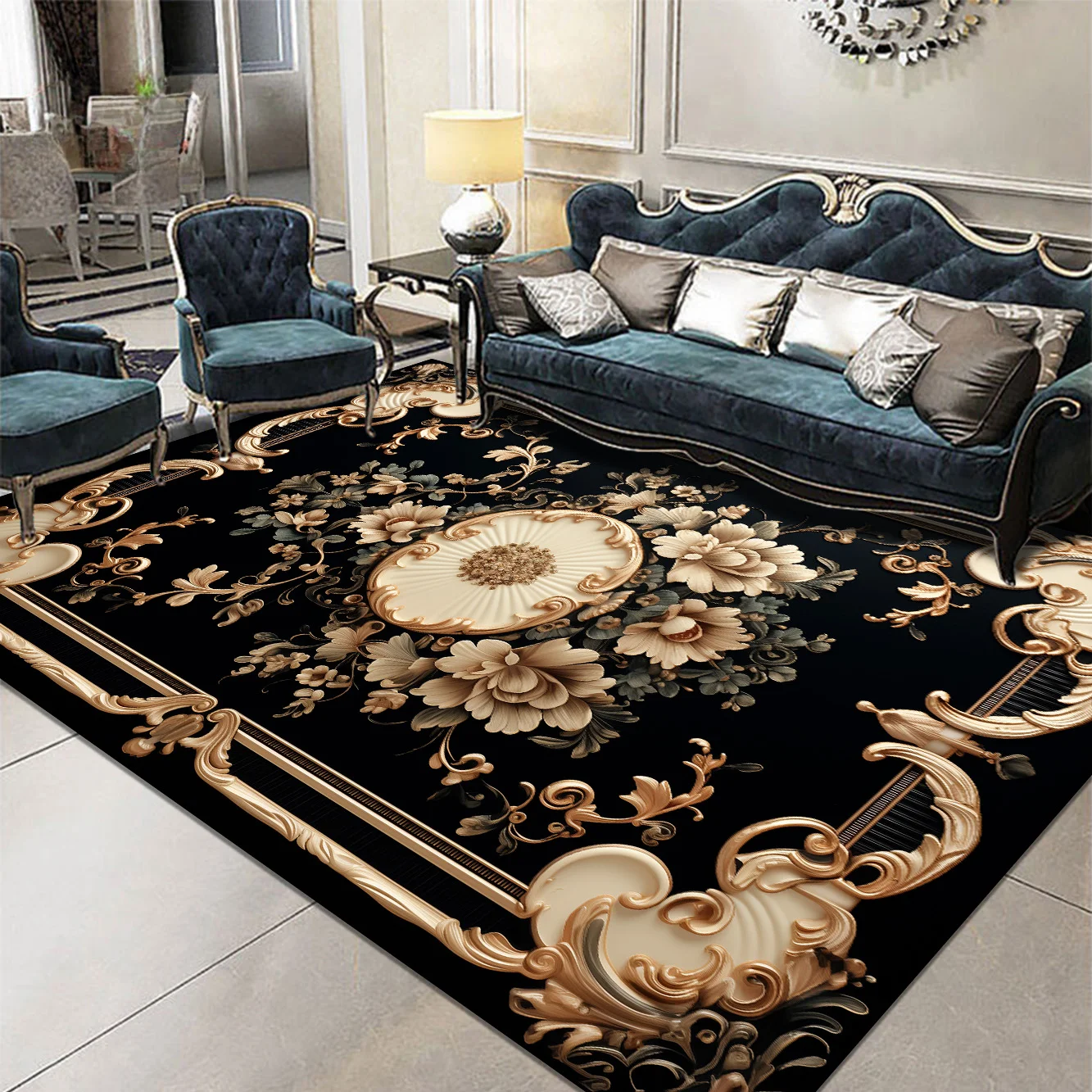 Large Area Black Persia Carpet for Living Room Decoration Home Sofa Table Area Rug Bedroom Cloakroom Floor Mat Non-slip Washable 2