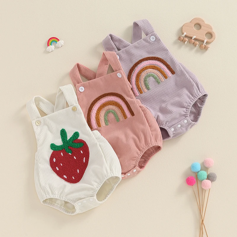 Infant Baby Girl Boy Overalls Rompers Summer Rainbow/Strawberry Embroidery Sleeveless Square Neck Suspender Ribbed Romper 4