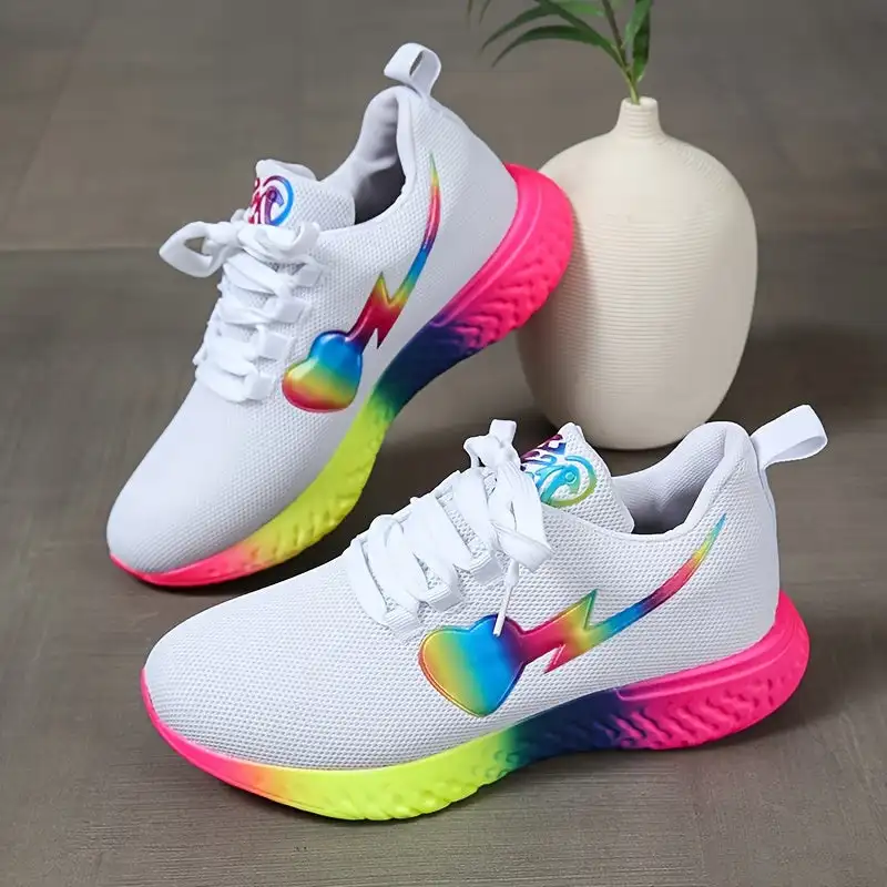 

Women's Rainbow Sole Flying Woven Sneakers, Breathable Mesh Lace-Up Running Shoes, Women's Footwear