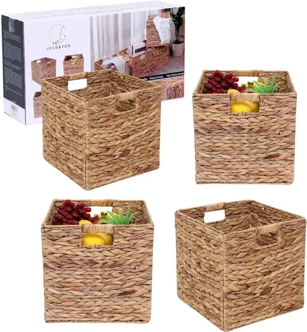 

Foldable Handwoven Water Hyacinth Storage Baskets Wicker Cube Baskets Rectangular Laundry Organizer Totes Set of 4 Pcs