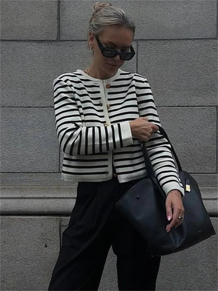 Suéter de punto a rayas, cárdigan, abrigo para mujer, suelto, de manga larga, a la moda, ajustado, con parches en contraste, prendas de vestir exteriores, abrigo de punto de verano