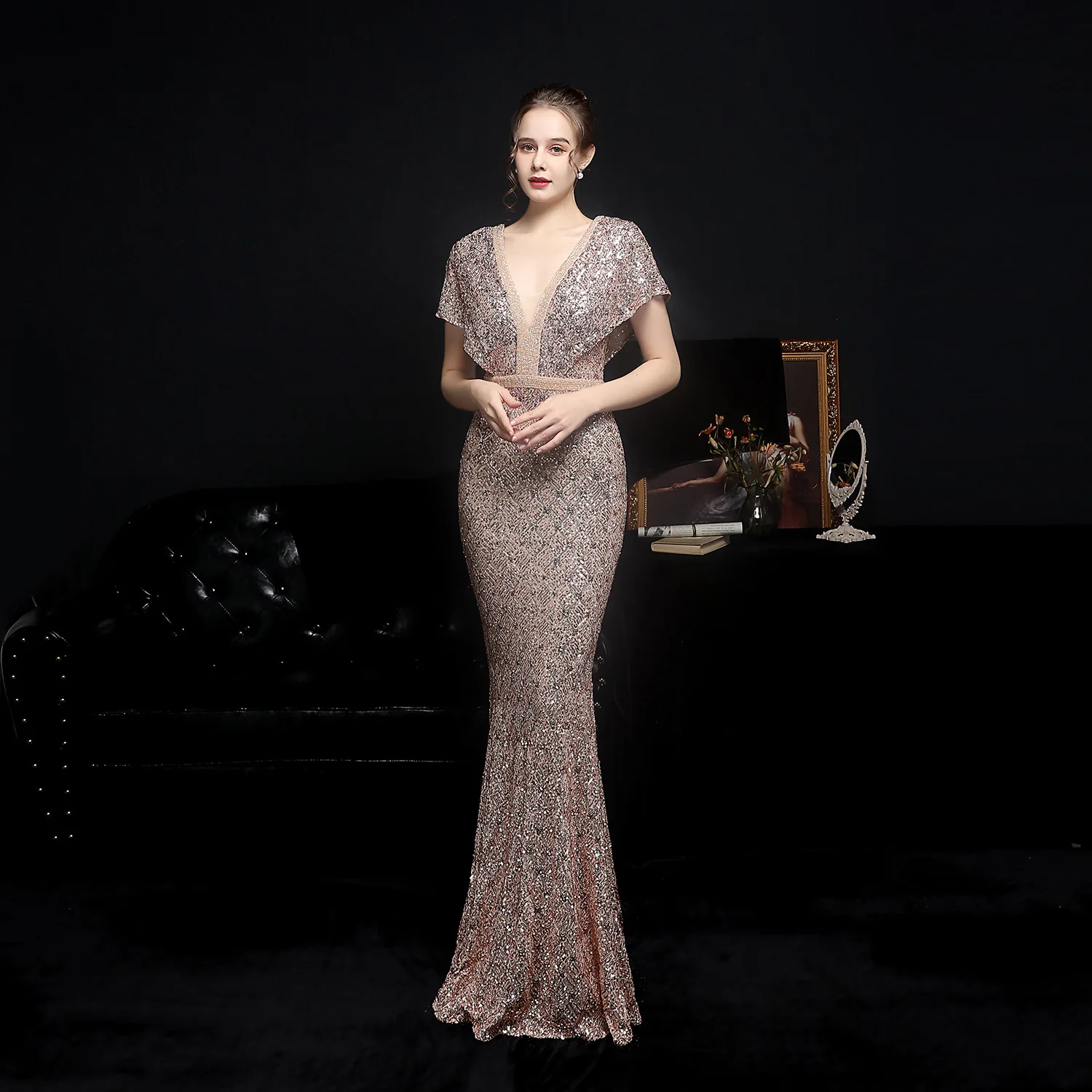 

Women Vintage Long Dress 2023 Sequin Sexy Deep V-neck Elegant Mermaid Wedding Party Evening Formal Dresses 4XL
