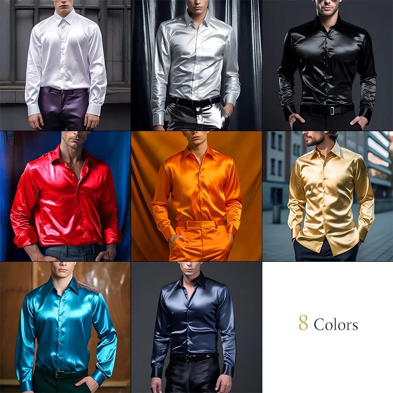 New Men Satin Luxury Dress Shirts Anti-wrinkle Silk Smooth Tuxedo Shirt Slim Fit Wedding Party Prom Casual Shirt Chemise Homme
