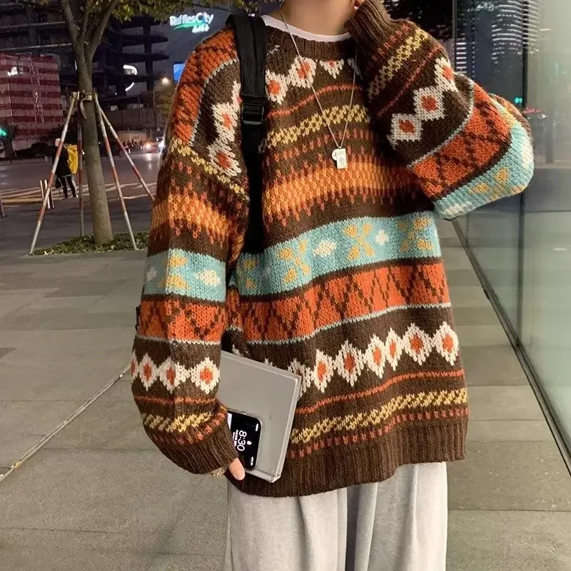 Maglione vintage giapponese da uomo alla moda a righe etniche, vestibilità ampia, top lavorato a maglia, girocollo casual, stile inattivo, modello di coppia 2