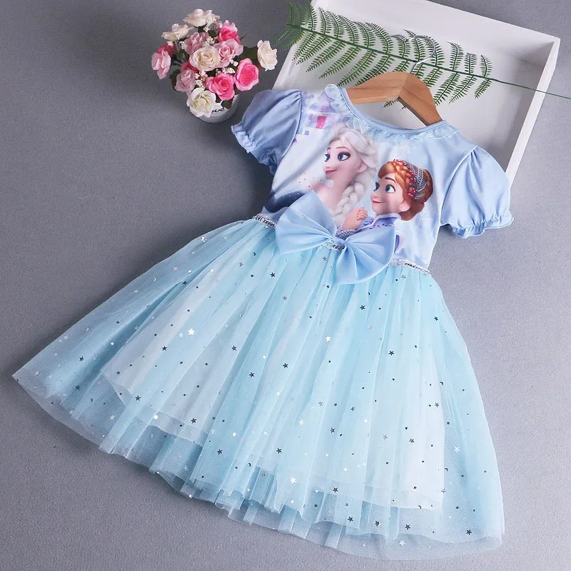 Kid Girls sukienki Cartoon Frozen Anna Elsa księżniczka ubrania dla dzieci lato bawełna Moon Star Baby Wedding Party formalna suknia balowa