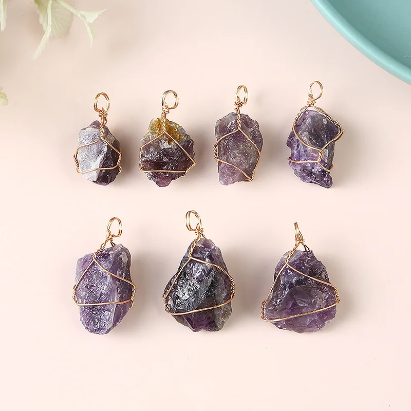 20pcs Natural Raw Stone Wire Wrap Pendants Irregular Amethyst Charms for Diy Earrings Necklace Jewelry Making