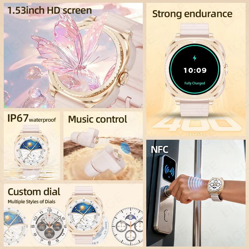 LIGE 2 In 1 TWS Headset Smart Watch 1.53" Women Men NFC Sports Fitness Heart Rate Health Watches Earphone Music Smartwatch 2026