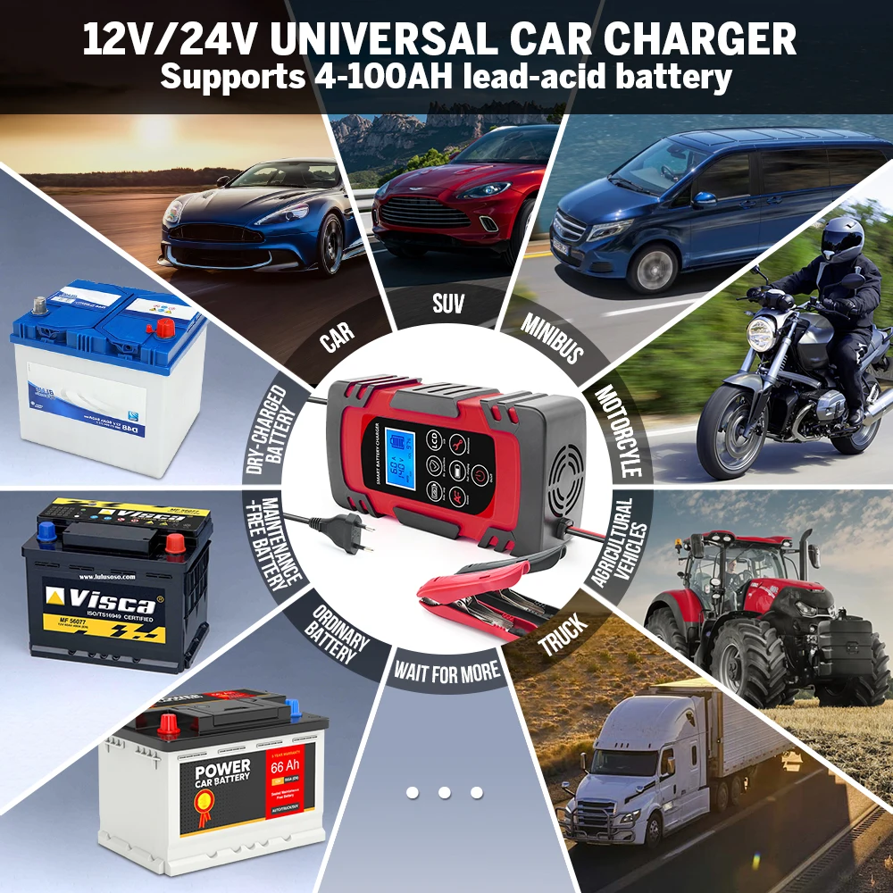 JFIND New Fully Automatic Battery Charger 12V 24V Smart Battery Pulse Repair Tools Lead Acid Battery Charger LCD Digital Display 4