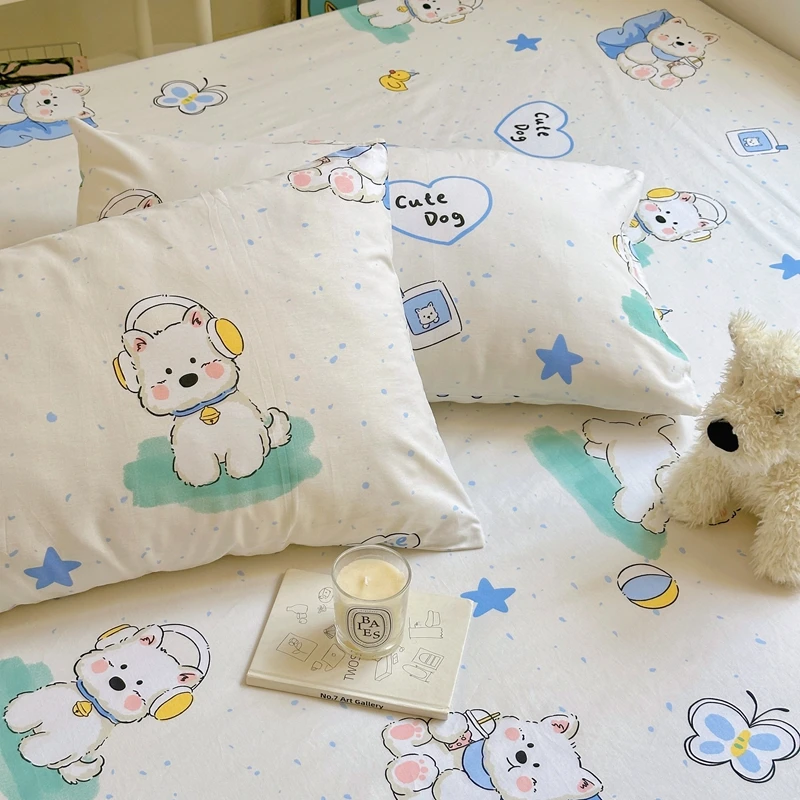 3pcs Cotton Cute Dog Fitted Sheet Set, Cartoon Car Pattern Children Bedroom Bed Cover, Star Print Bedspread with 2 Pillowcases - Image 5