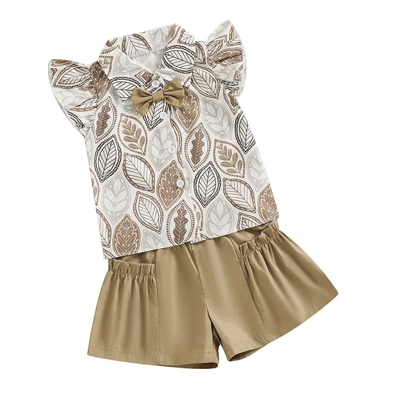 Girls Summer 2PCS Shorts Sets Flying Sleeve Leaf Print Button Up Shirt Solid Color Shorts Sets