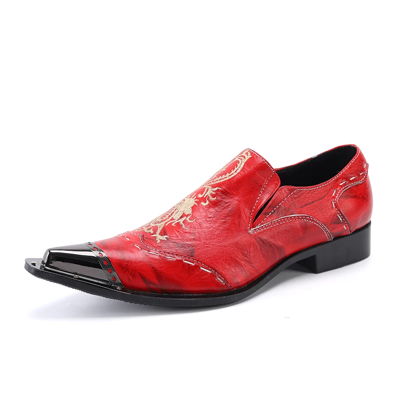 Plus Size Men's Genuine Leather Shoes Wedding Party Pointed Casual Business Shoes Men's Formal Red Embroidered
