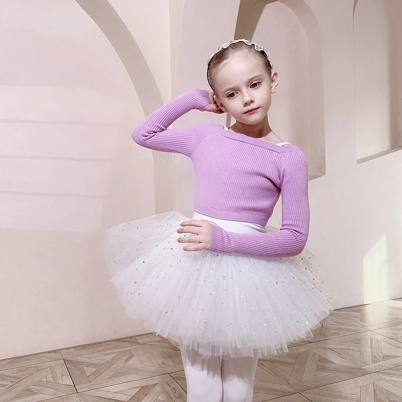 

Autumn Winter Ballet Dance Flat Shoulder Sweater Pullovers Girls Ballet Costumes Long Sleeve Knitwear Ballet Leotards Clothes
