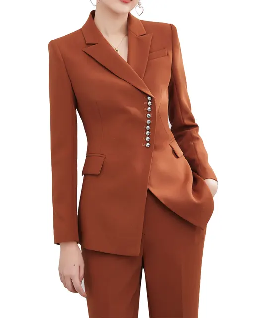Женские костюмы из 2 предметов, оранжевые однотонные украшения на пуговицах, модные офисные деловые костюмы для покупок, женские костюмы, блейзер с брюками 1