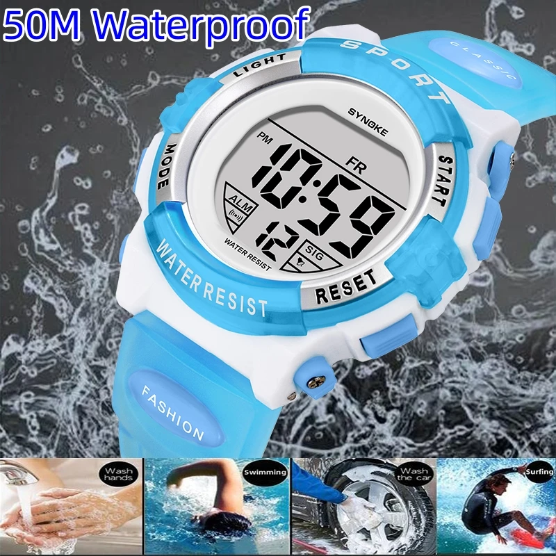 Synoke Kids Digital Watches Colorful Light PU Strap 50M Waterproof Led Sport's Children Wristwatch Boy Girl Alarm Clock 5