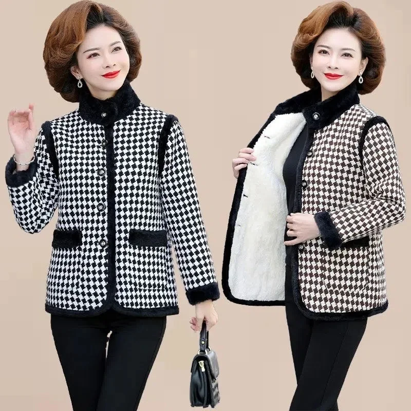 

2022 NEW Plaid Woolen Cloth Coat Middle-age Women Cotton-padded Jacket Fleece Liner Short Parkas Female Thicken Fluff Overcoat