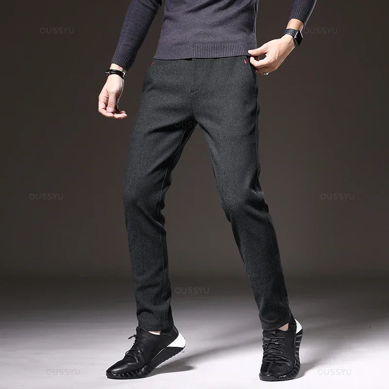 Spring Autumn Men's Casual Pants Business Fashion Elastic Waist Slim Fit Stretch Thick Gray Black Cotton Trousers Male 4