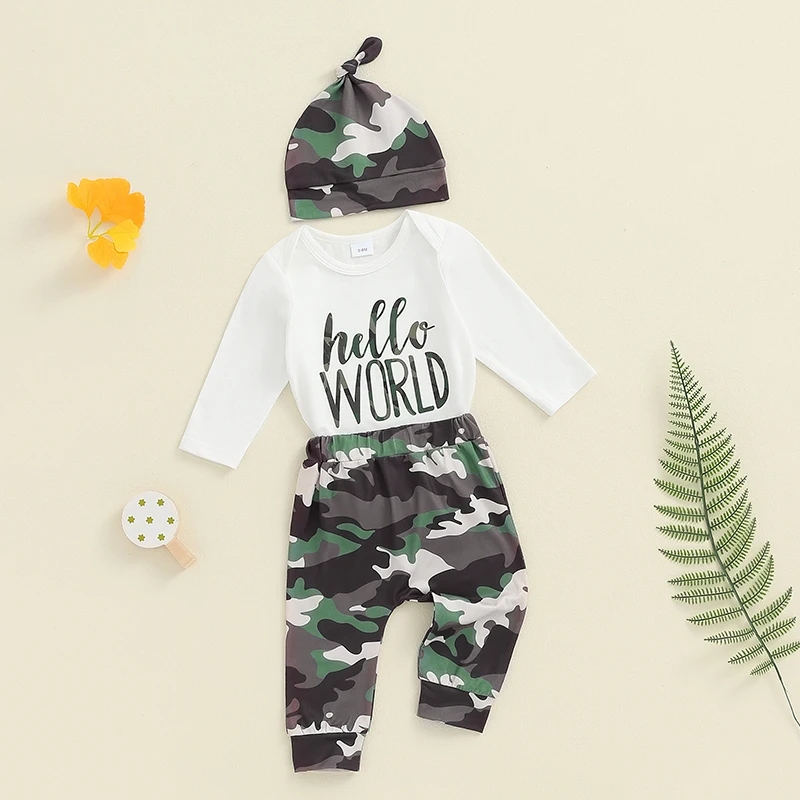 Description Picture 4 of itemBaby Boys 3PCS Outfit Sets Long Sleeve Letter Print Romper Camouflage Pants Hat Sets