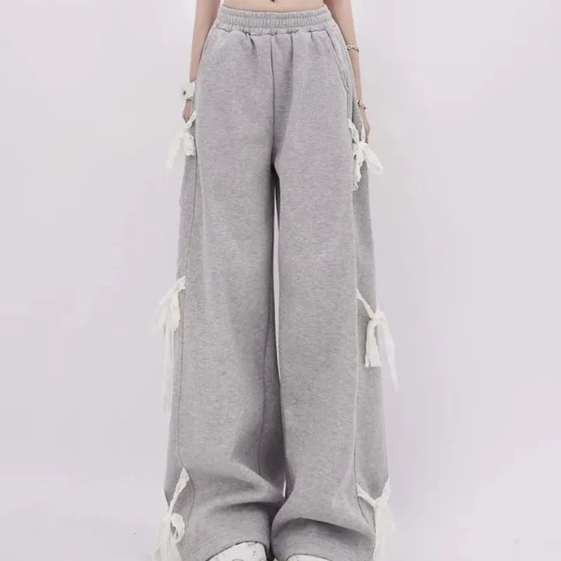 Women's Baggy Pants Spring Autumn Vintage Large Size Lace Lace Bow Tie Straps Design High Waisted Casual Wide-legged Pants