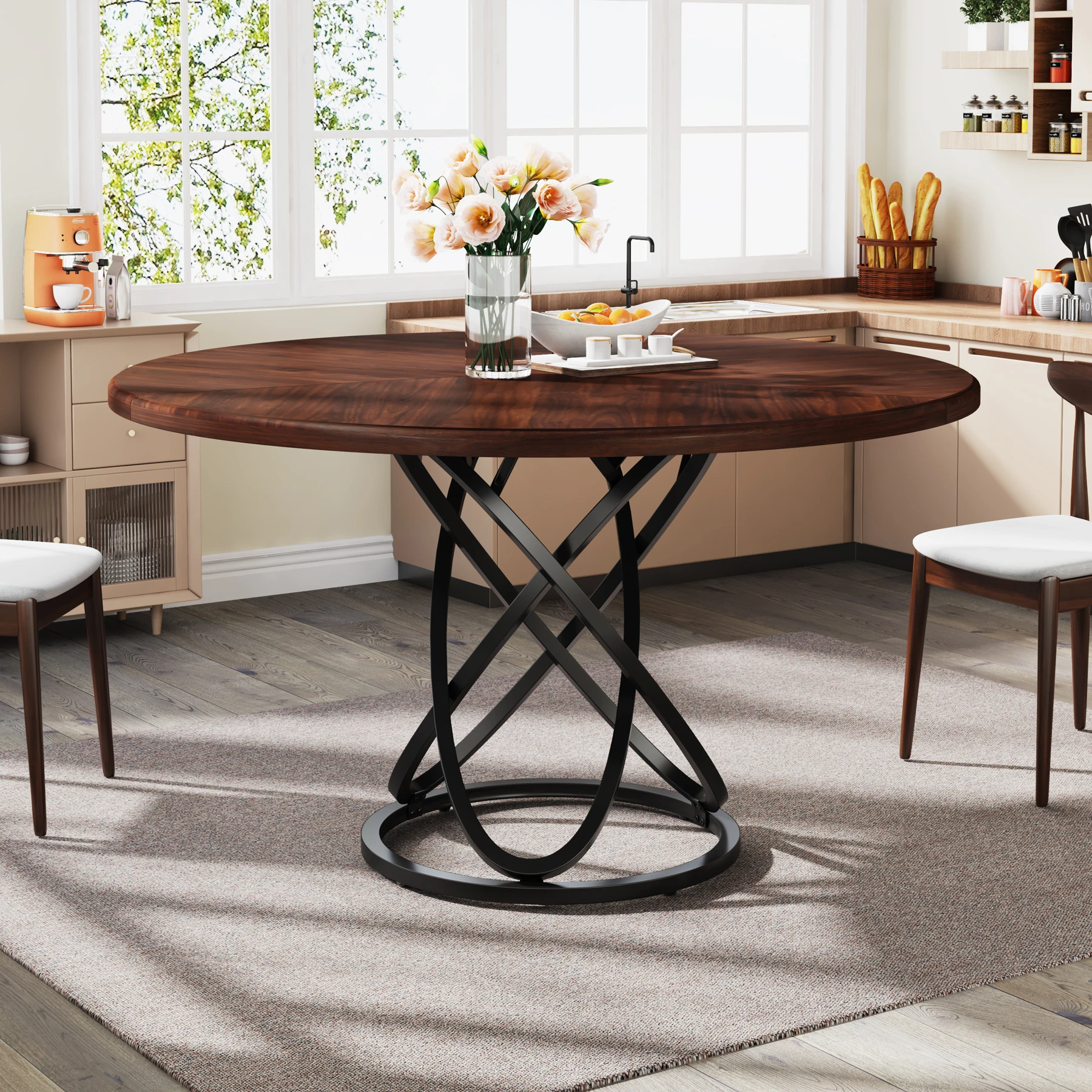 Tribesigns Round Dining Table for 4, 47 Inch Dinner Table Circle Kitchen with Metal Base, Wood Dining Room