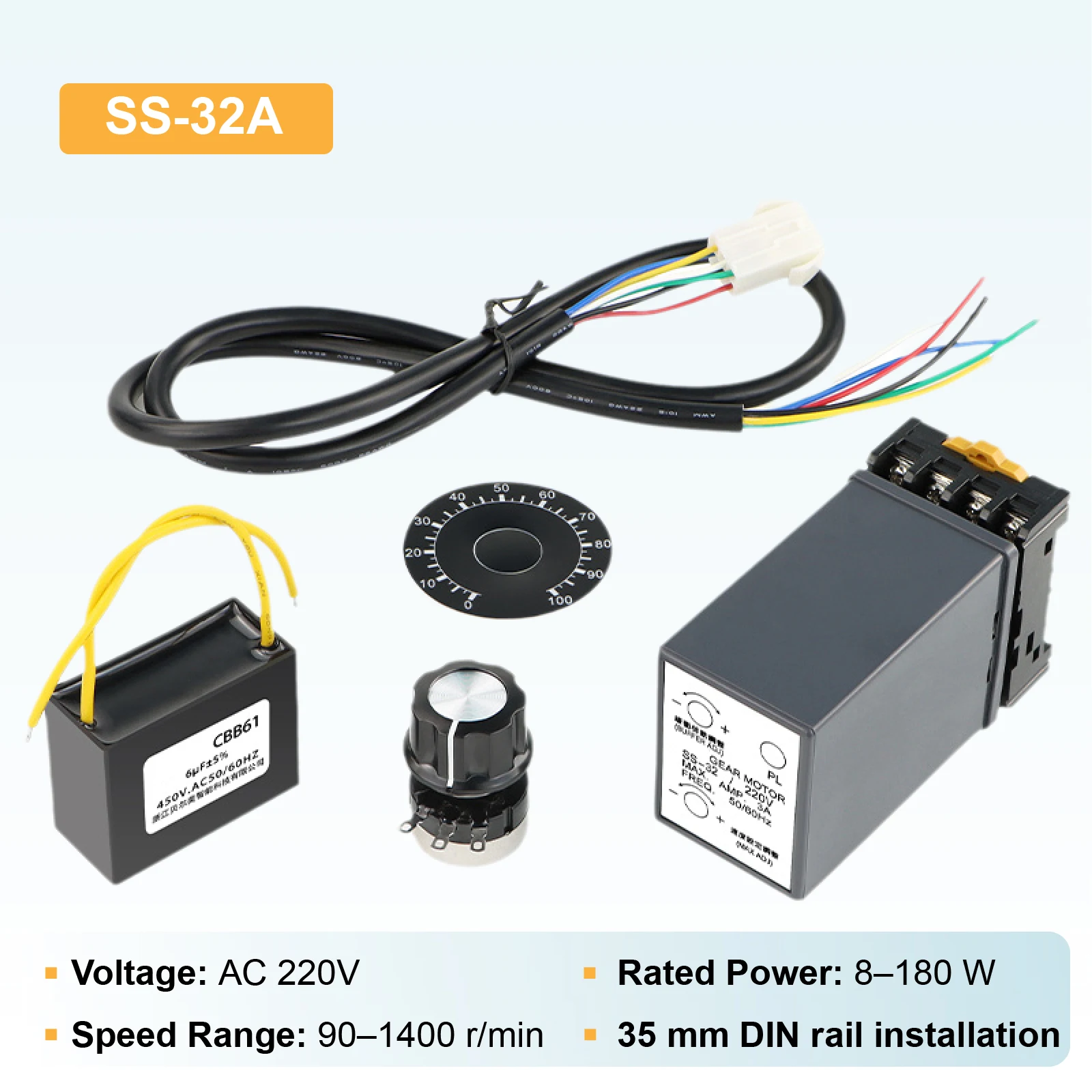 בקר מהירות מנוע SS-32A AC220V למנוע חד פאזי נפרד טווח מהירות 90 עד 1400 סלד מתאים לאריזה הדפסה ציוד רפואי שליטה מדויקת