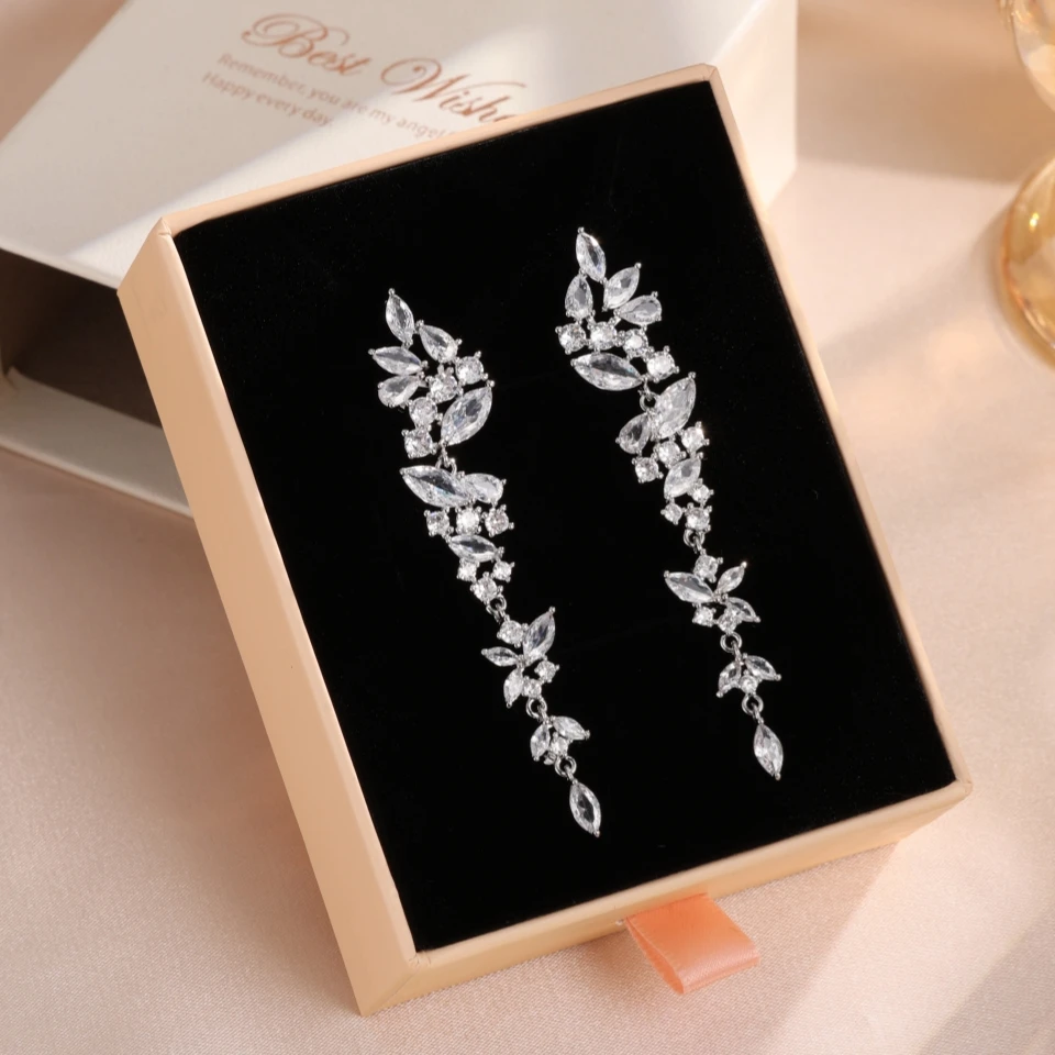 Dangle Earrings ZAKOL Exquisite White Gold Color Leaf Long Dangle Earrings For Women Fashion Cubic Zironia Bridal Earring Wedding Jewelry