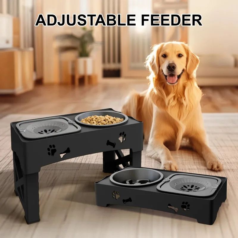 5 Adjustable Height for Different Needs 3 in 1 Pet Feeder Two Bowls One Lift Anti-upset High Neck Guard Slow Food Basin Pet Bowl 1