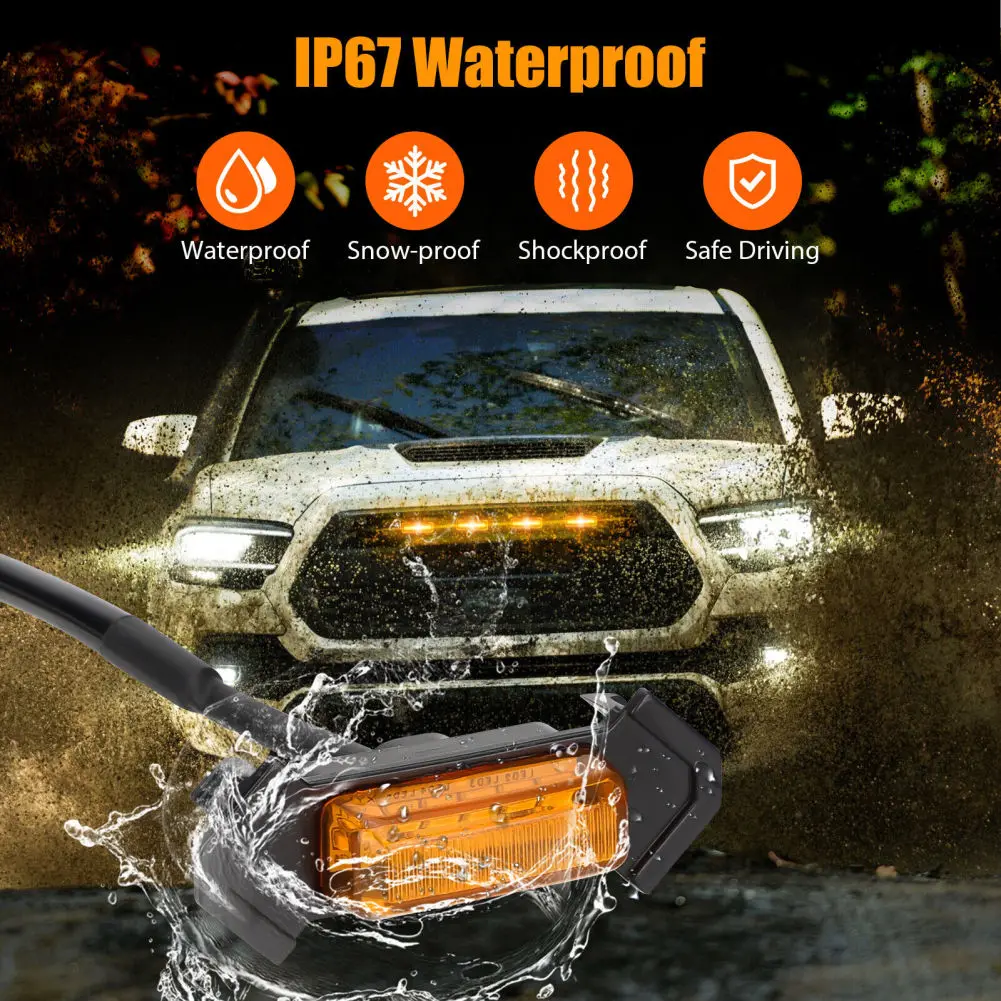 

4Pcs Amber LED Front Grill Lights IP67 Waterproof SUV Front Grille Lamp Kit With Fuse Adapter Wire Harness Drop Shipping