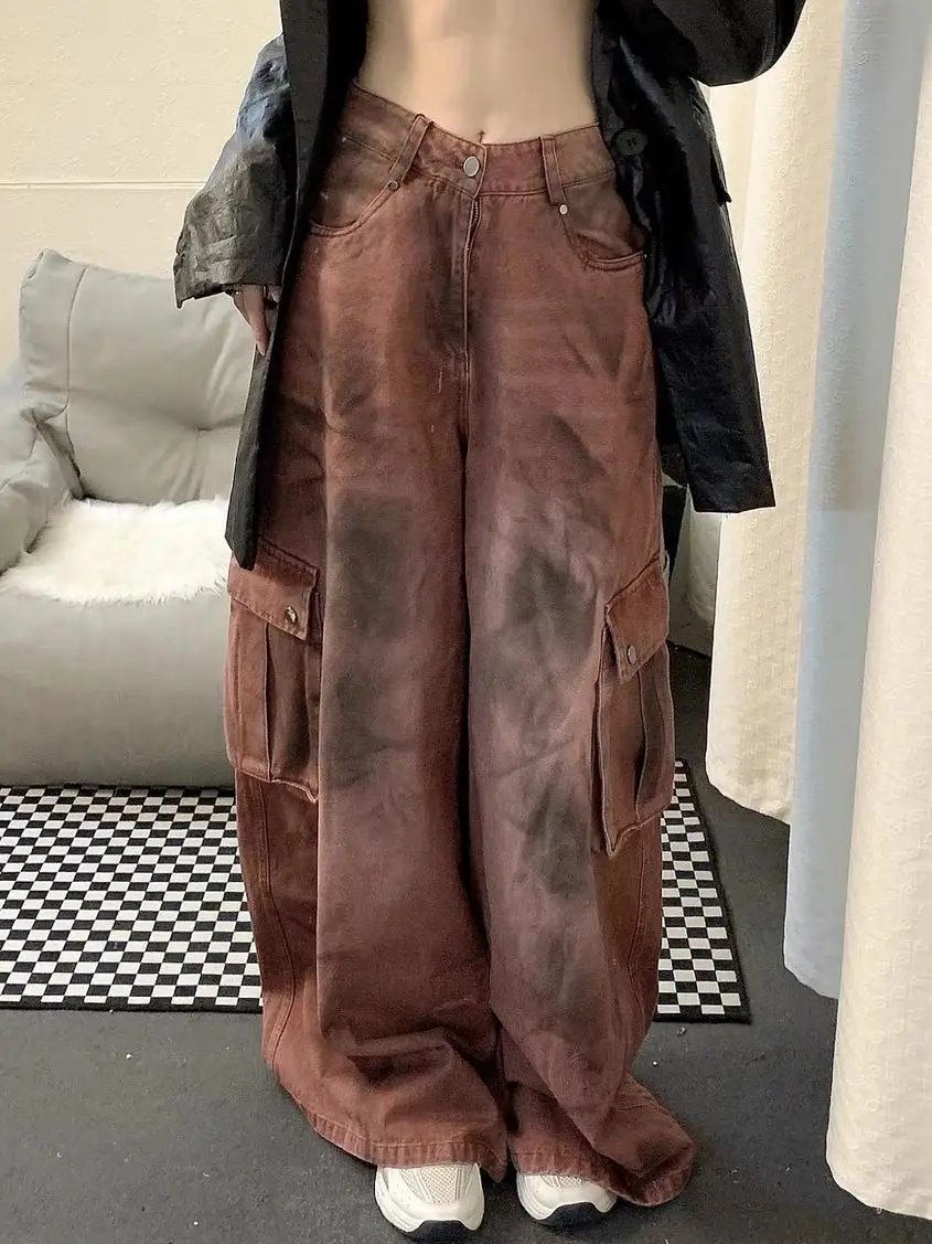 Do Old Vintage Gradient Baggy Jeans with Side Pocket Cargo Denim Pants y2k streetwear harajuku loose wide leg straight boyfriend