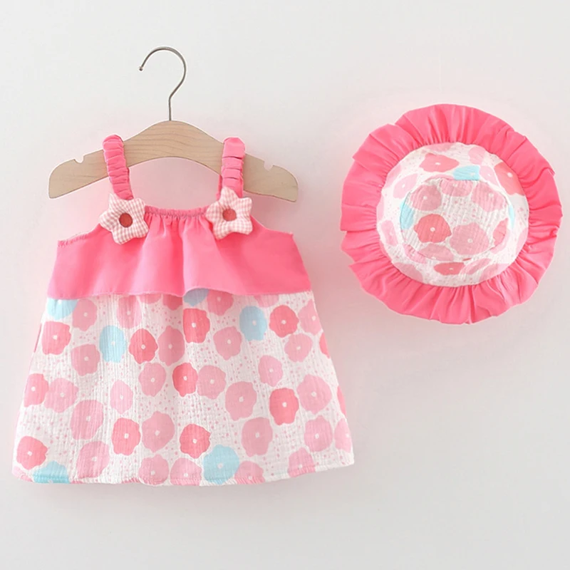 

2Piece 2023 Summer Baby Girl Dress Korean Cute Flowers Sleeveless Cotton Beach Toddler Dresses+Sunhat Kids Clothing Set BC2333-1