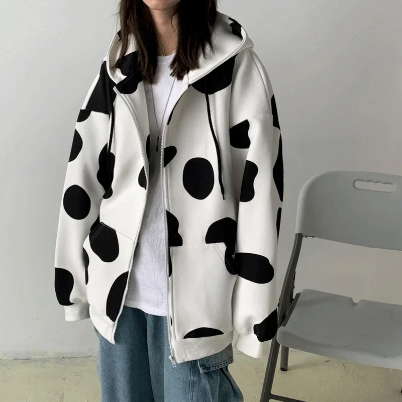 Autumn and Winter Women's Cow New Print Print Color Block Zipper Hooded Cardigan Jacket Thick Warm Loose Casual Harajuku Jacket