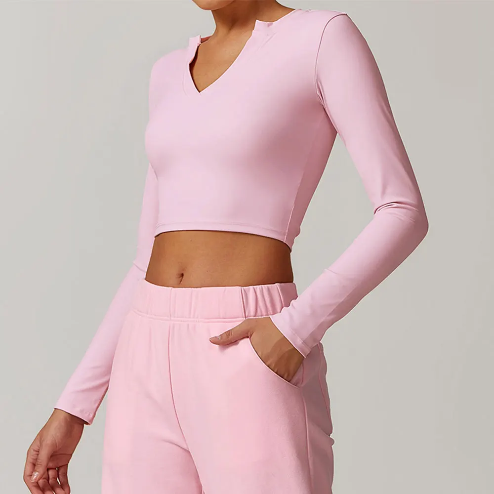 V-neck Jacket Women Clothes Crop Tops Yoga T-shirts Solid Sports Top Long Sleeve Running Shirts Quick Dry Fitness Gym Sport Wear